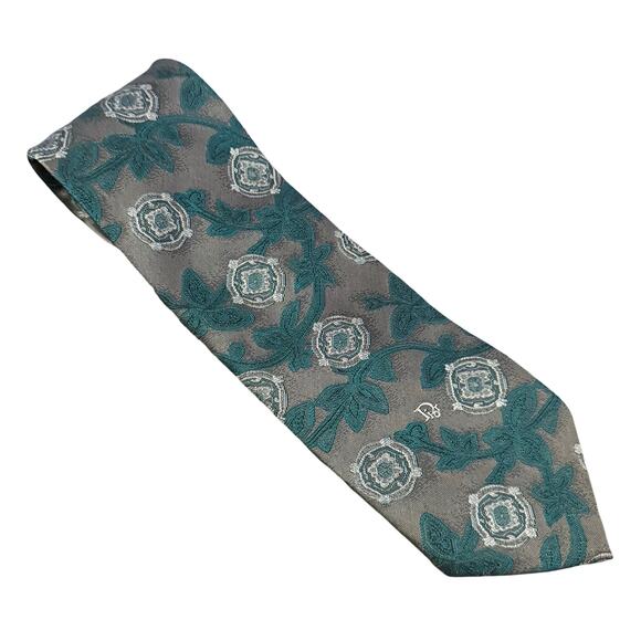Vintage Christian Dior Gray Teal White Diamond Floral Leaf Silk Blend Necktie - Picture 1 of 7